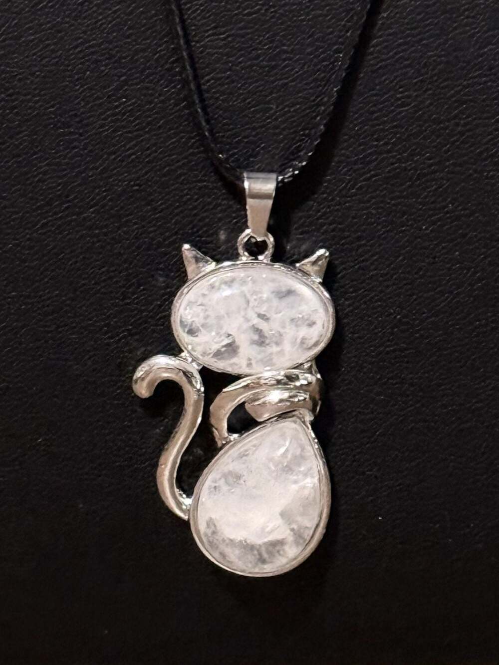 Clear Quartz Crystal Cat Pendant Black Cord Necklace